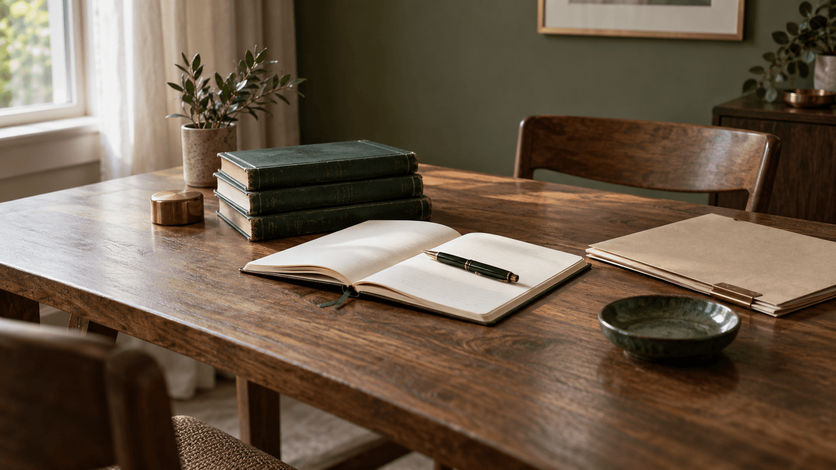 Green ledgers and an open notebook on a walnut table in soft window light.