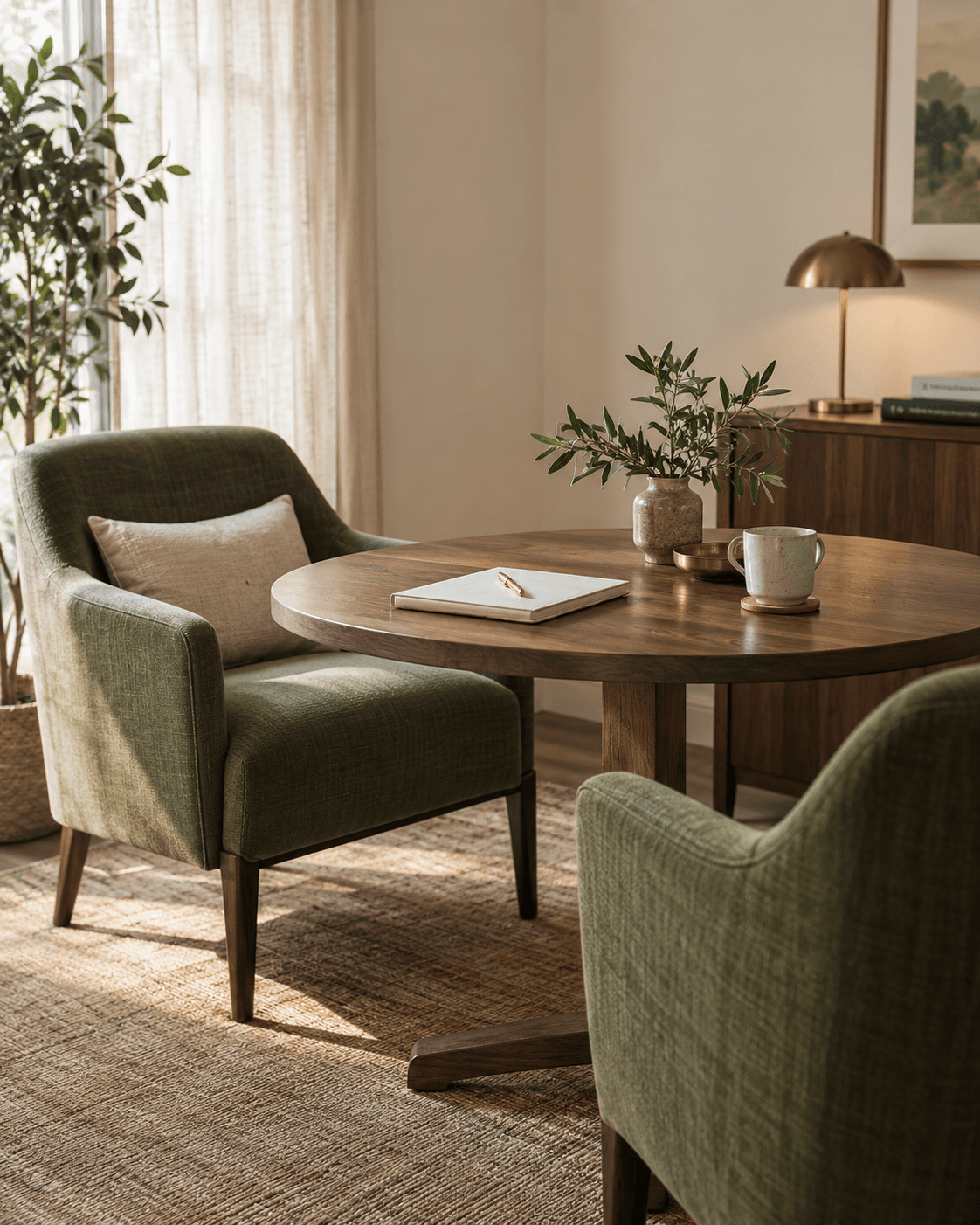 An inviting consultation space with green chairs and a walnut table.