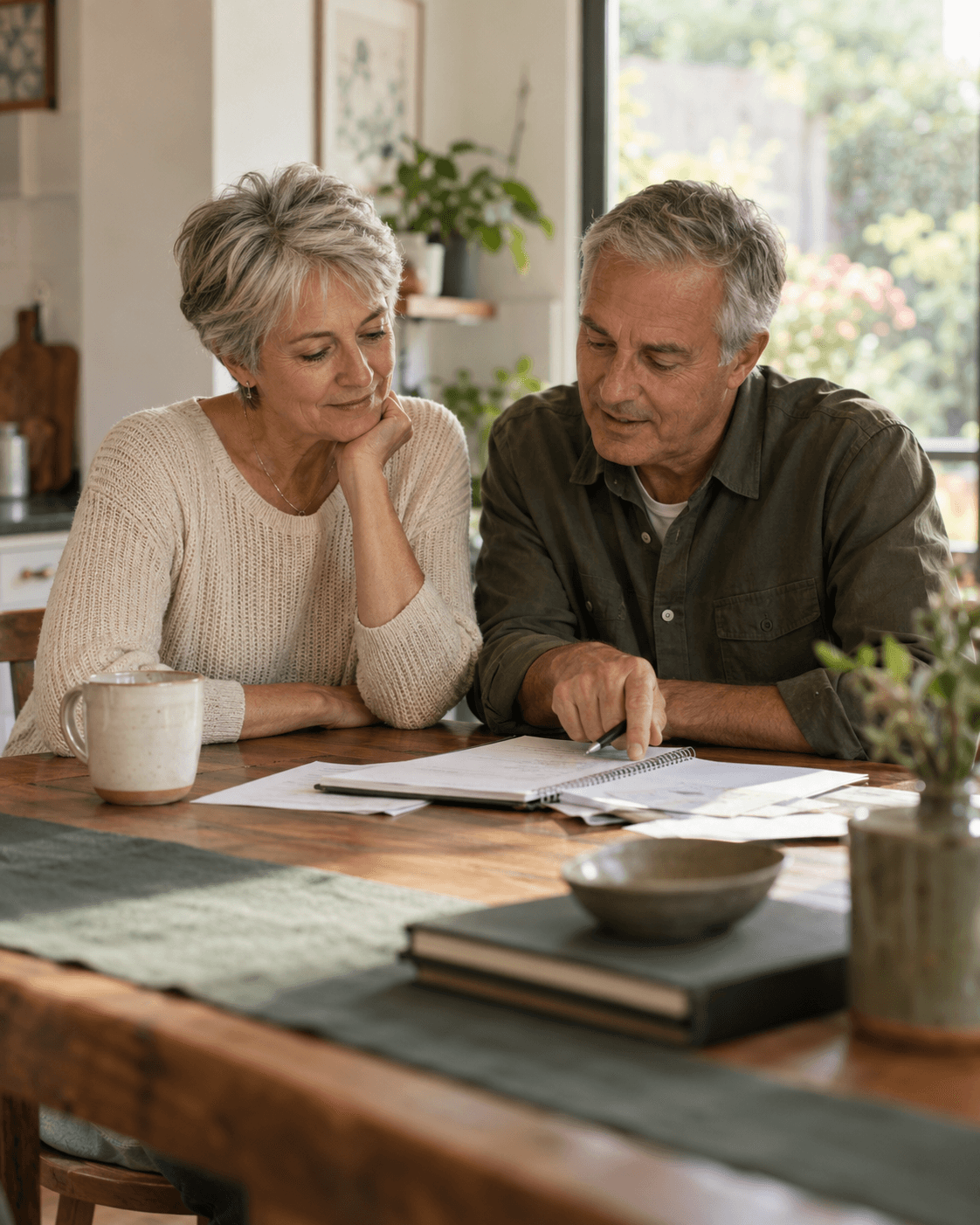 A couple discussing a notebook together at their kitchen table.