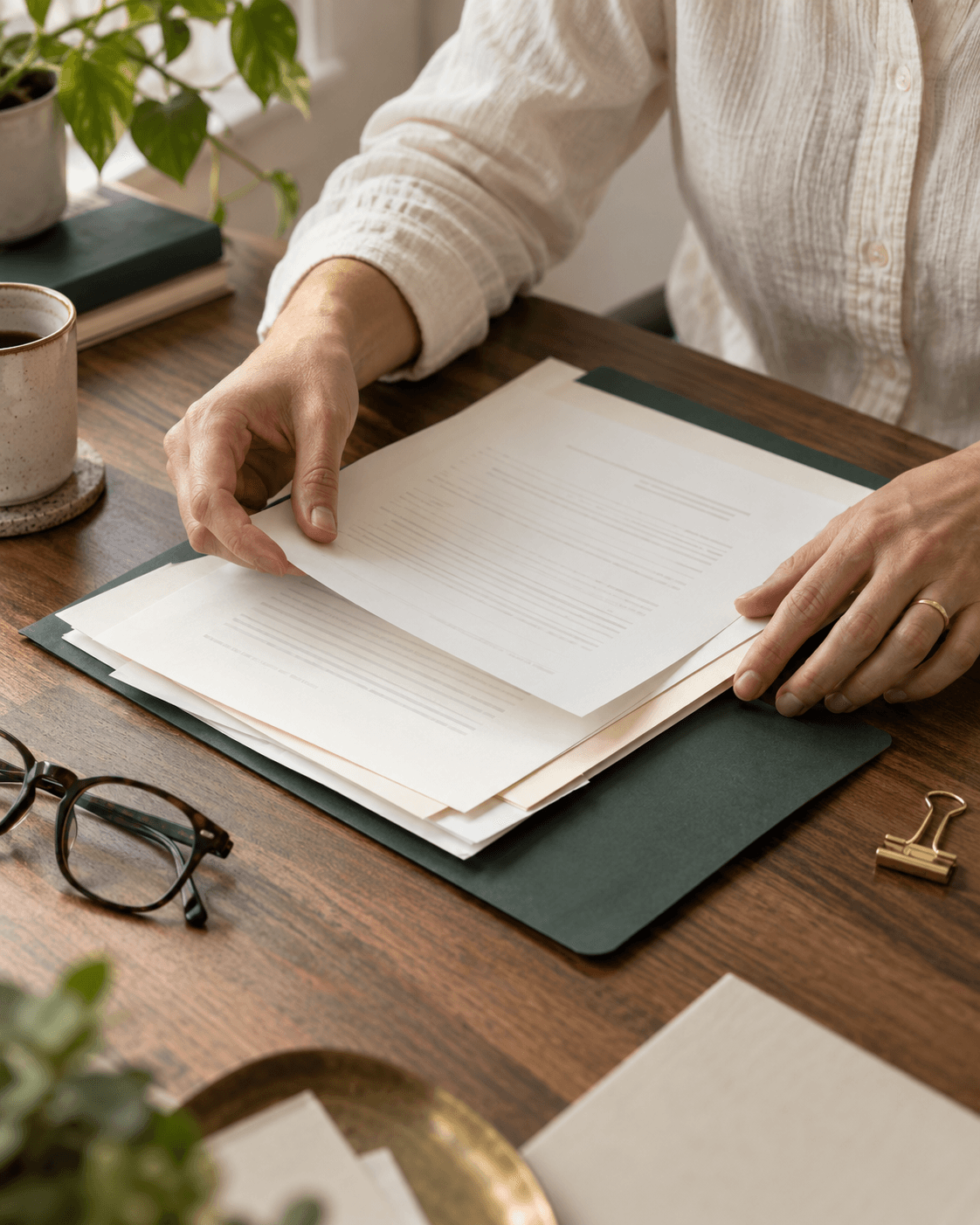 Hands organizing papers beside a green folder and reading glasses.